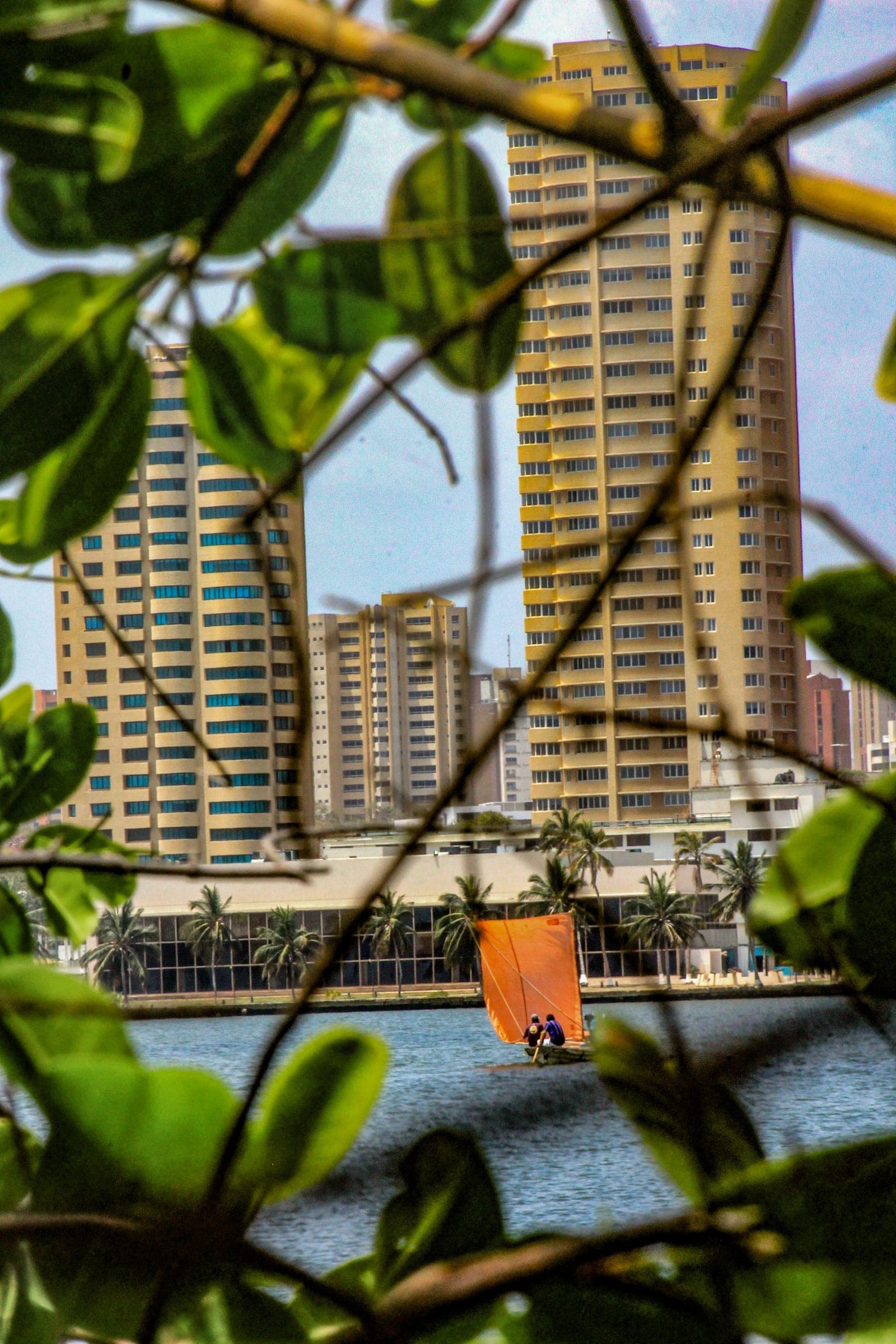 Bongo con vela naranja navegando frente a la ciudad